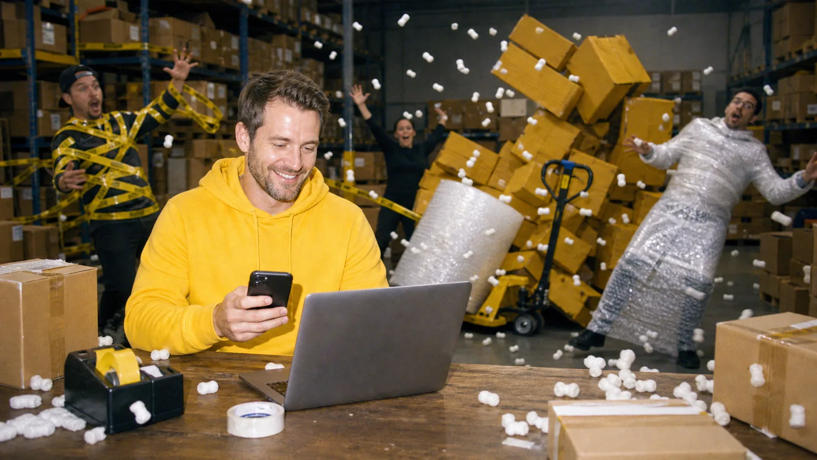 Calm store owner in Superpress yellow while the packing area gets messy