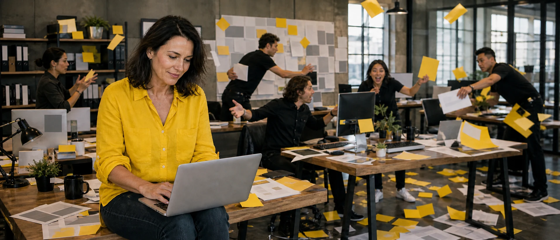 Calm business owner reviewing WordPress and AI-search visibility while a busy office carries on behind them