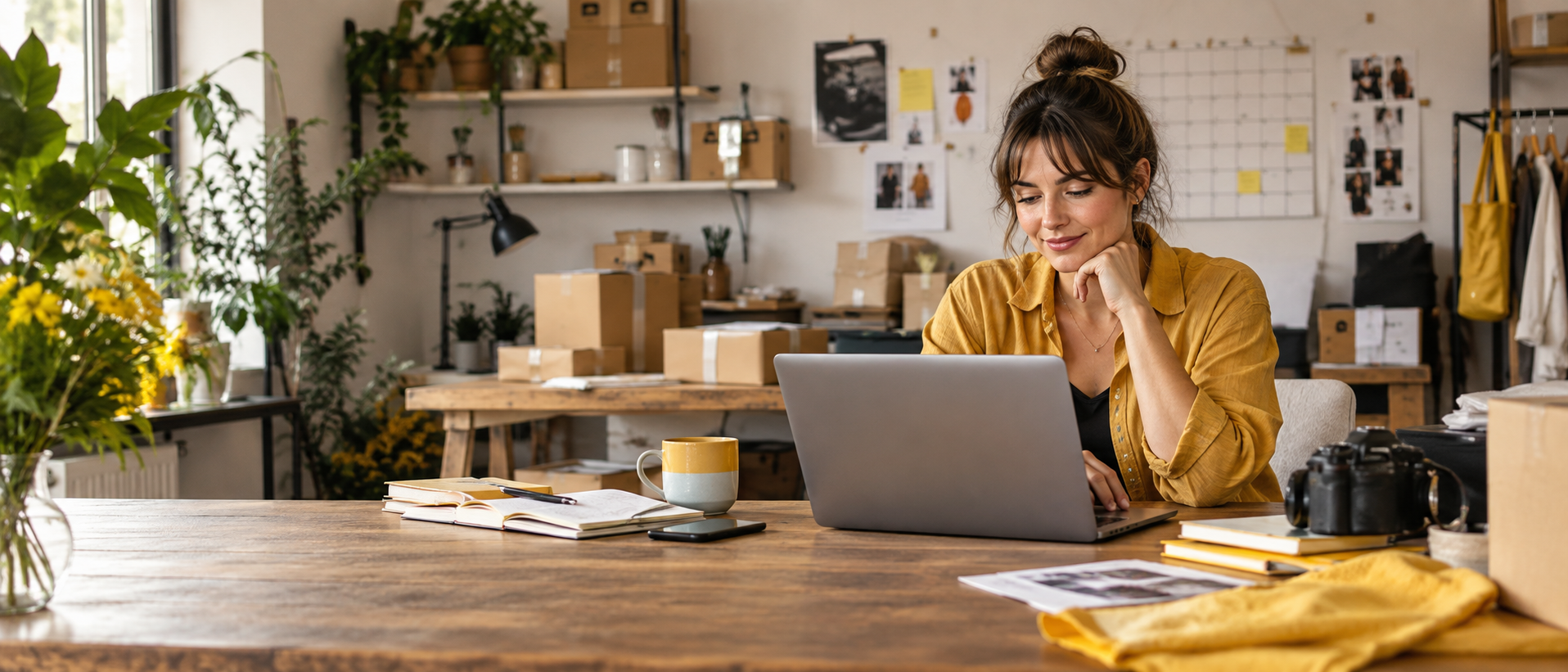 Small-business owner calmly planning website work in a studio with products ready to ship
