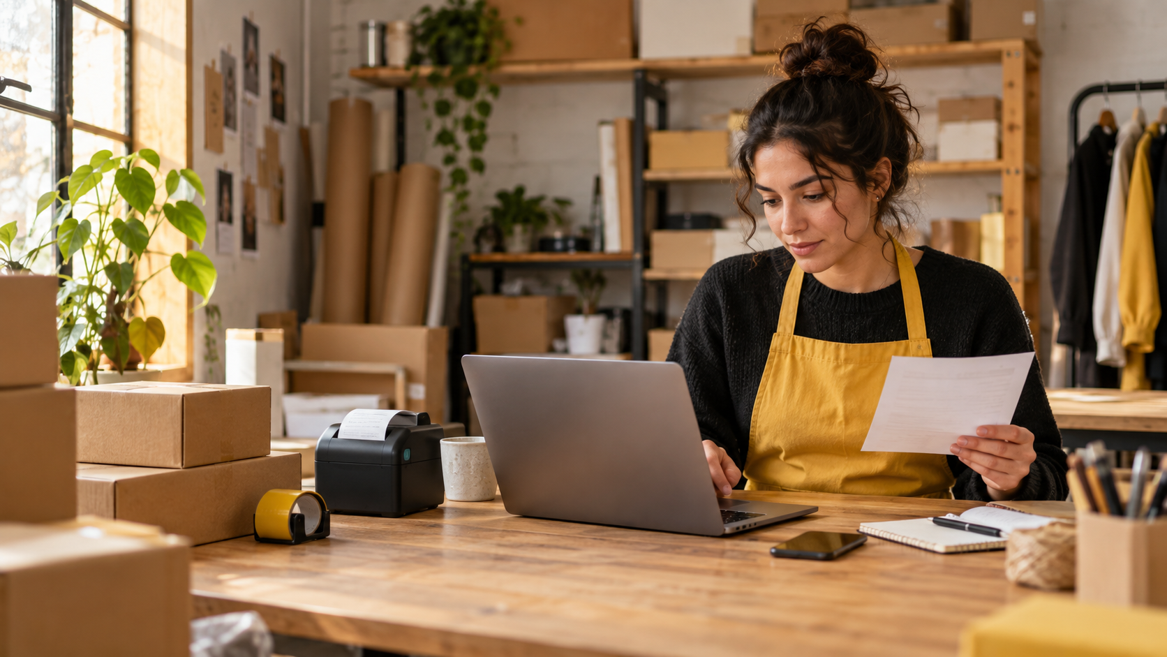 Small-business shop owner checking an order on a laptop beside packed parcels and a receipt printer