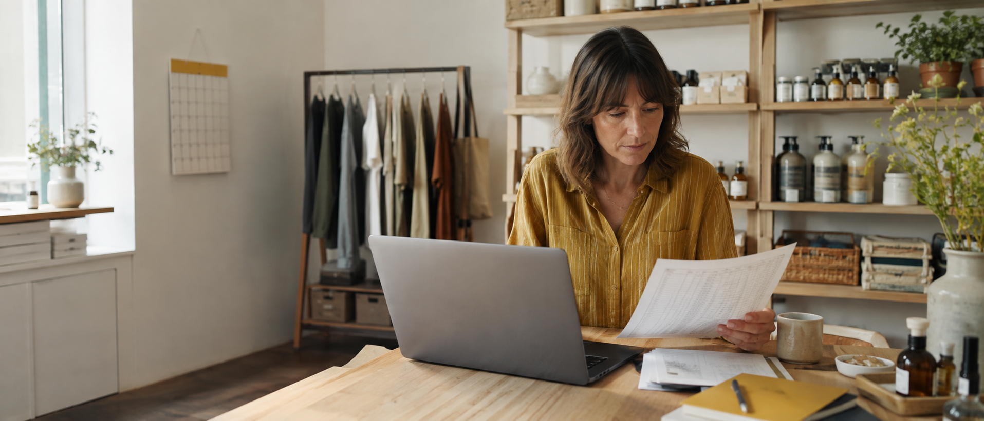 Small-business owner reviewing subscription orders at a desk in a retail studio